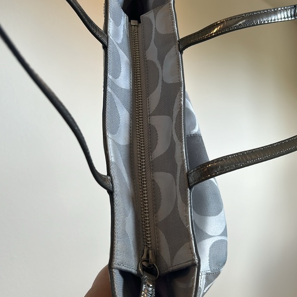 Coach Metallic Gray Signature Stripe Tote - Good Condition - Picture 8 of 14